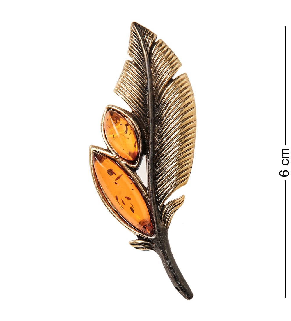 AM-1961 Брошь «Перышко Счастья» (латунь, янтарь)