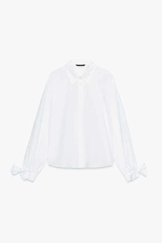 ZARA РУБАШКА ИЗ ПОПЛИНА С ЗАВЯЗКАМИ, БЕЛЫЙ
