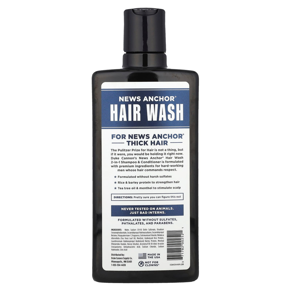 Duke Cannon Supply Co., News Anchor®, средство для мытья волос, шампунь и кондиционер 2 в 1, Midnight Swim, морская трава и сандаловое дерево, 414 мл (14 жидк. Унций)