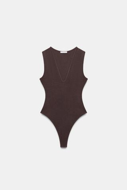 ZARA БОДИ ПРИТАЛЕННОЕ С V-ОБРАЗНЫМ ВЫРЕЗОМ, КОРИЧНЕВЫЙ
