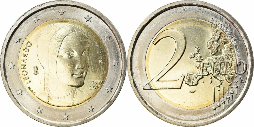 Италия 2 евро, 2019 500 лет со дня смерти Леонардо да Винчи UNC