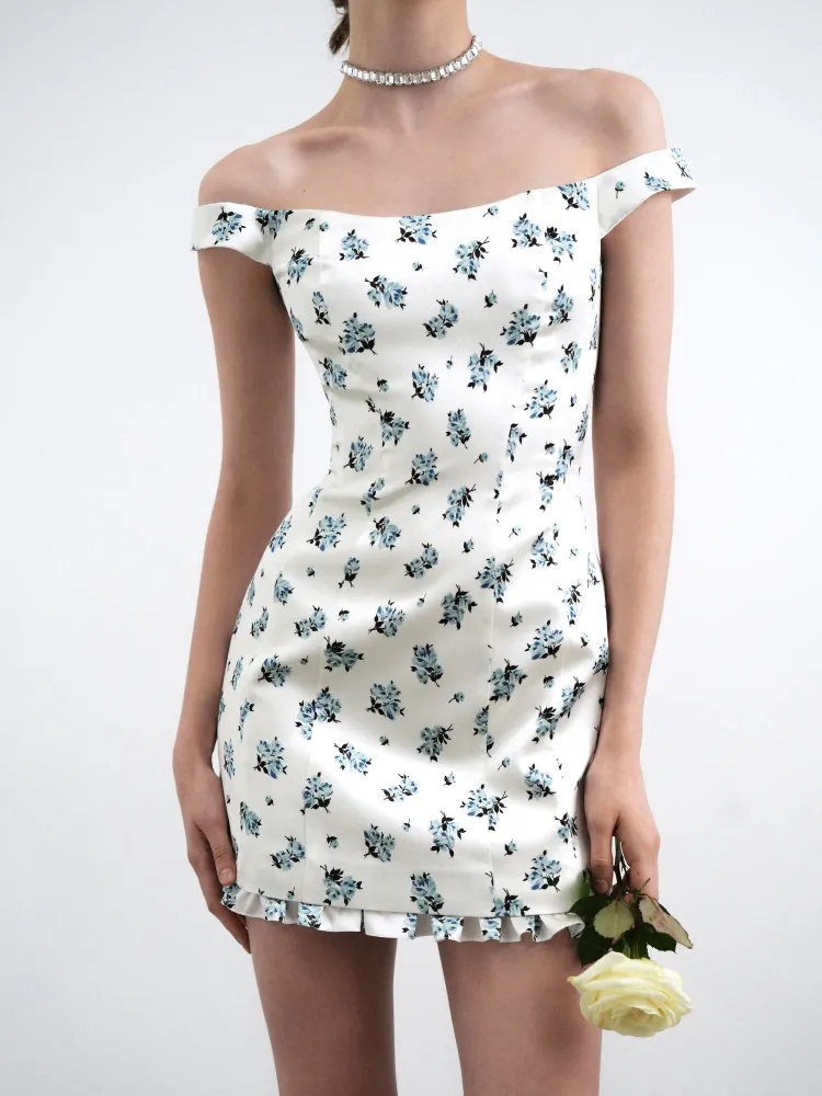 Клео мини (Cleo mini), платье мини из молочного атласа с цветочным принтом