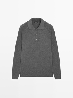 Massimo Dutti Трикотажный свитер-поло из смесового хлопка, серый