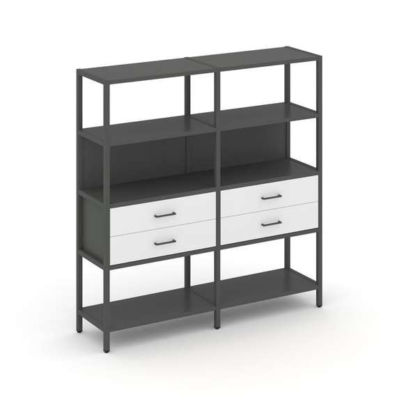 Shelf System Двухсекционный стеллаж четырехярусный с ящиками SN.STM-422 Антрацит/Белый/Металл Антрац