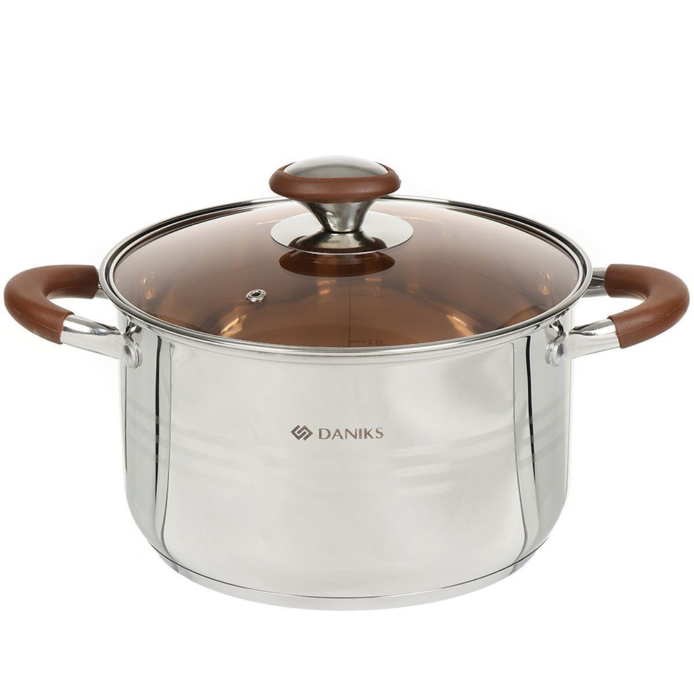 Кастрюля нерж, 5 л, крышка стекло, Daniks, Веллингтон, GS-01415-22CA, индукц