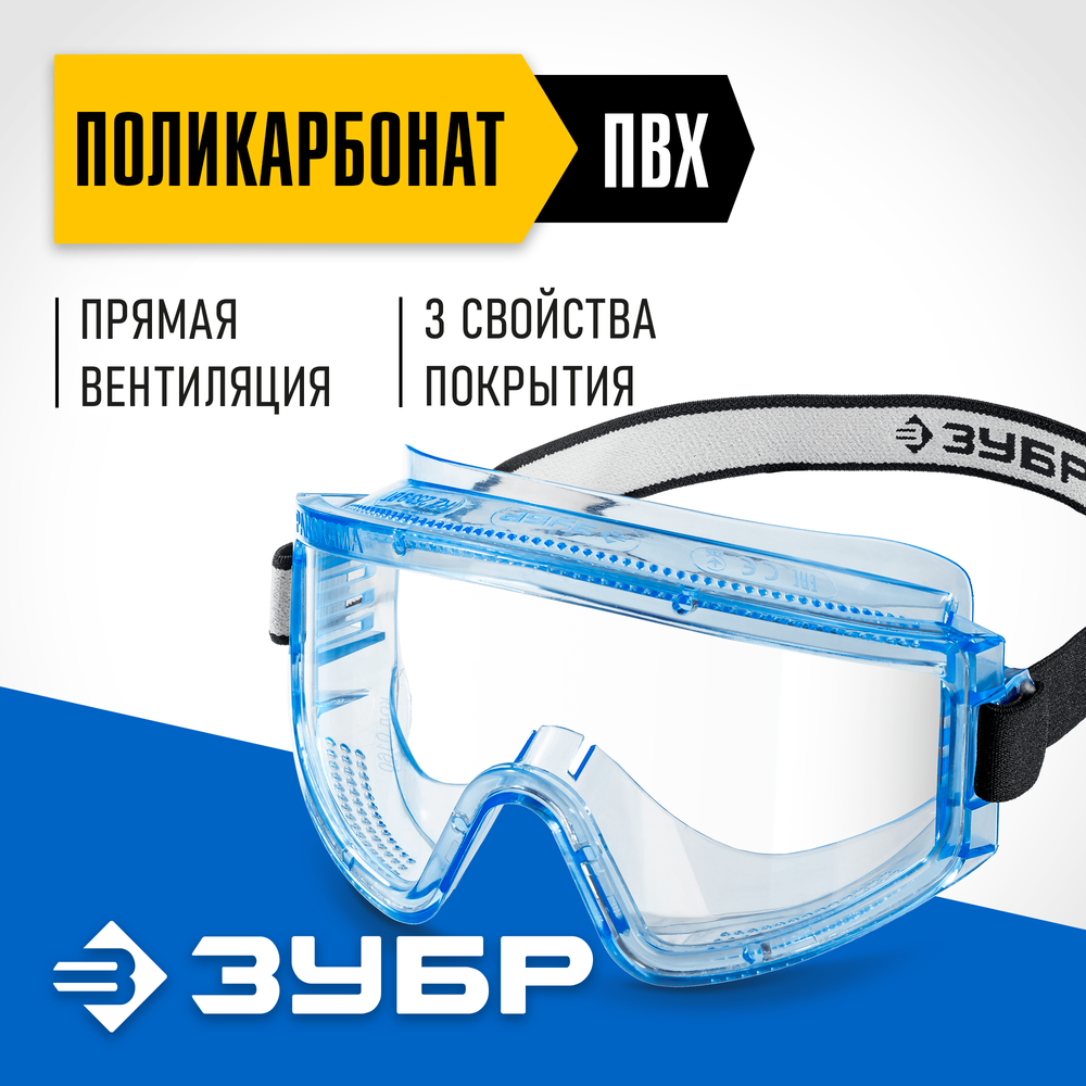 ЗУБР ПАНОРАМА П прямая вентиляция, защитные очки закрытые, защита от царапин и запотевания, UV 380, оптический класс 1, Профессионал (110231)