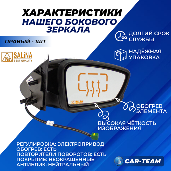 Зеркало на Лада Гранта, Гранта FL, Калина 1-2  с повторителем поворота, электропривод, обогрев, не окрашенное, правое (2191-8201004-21) (1шт) "Солина"