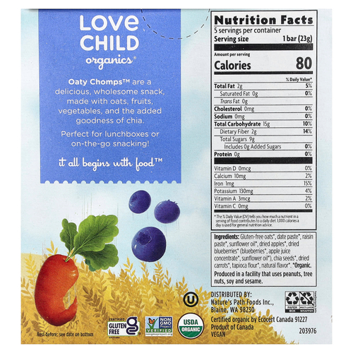 Love Child Organics, Nature's Path, органические батончики Oaty Chomps™, для детей от 12 месяцев, голубика и морковь, 5 батончиков в индивидуальной упаковке, 23 г (0,8 унции)