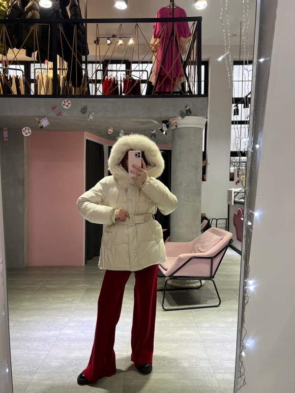 Пуховик Fresh миди с поясом молочный