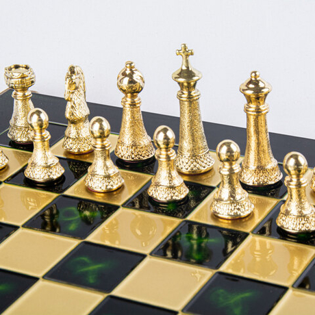Шахматы классические 44х44см Manopoulos Classic Metal Chess золото с серебром зеленый
