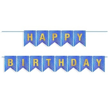 Гирлянда Флажки, Happy Birthday, Королевский синий/Золото, Голография, 350 см, 17*12 см.