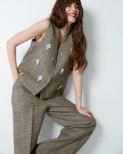 Брюки на подкладке из шерсти Стелла Маккартни елочка зеленый/бежевый