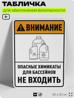 Табличка для обеспечения безопасности "Внимание опасные химикаты для бассейнов не входить", для производства, предприятия, организаций, 40х30 см, Silver Plane x Айдентика Технолоджи