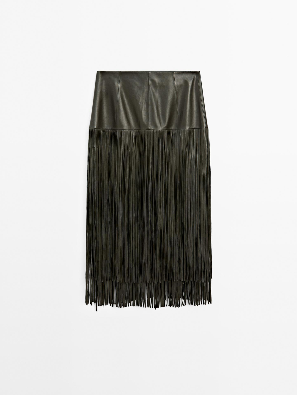 Massimo Dutti Юбка миди из кожи наппа с кисточками, зеленый