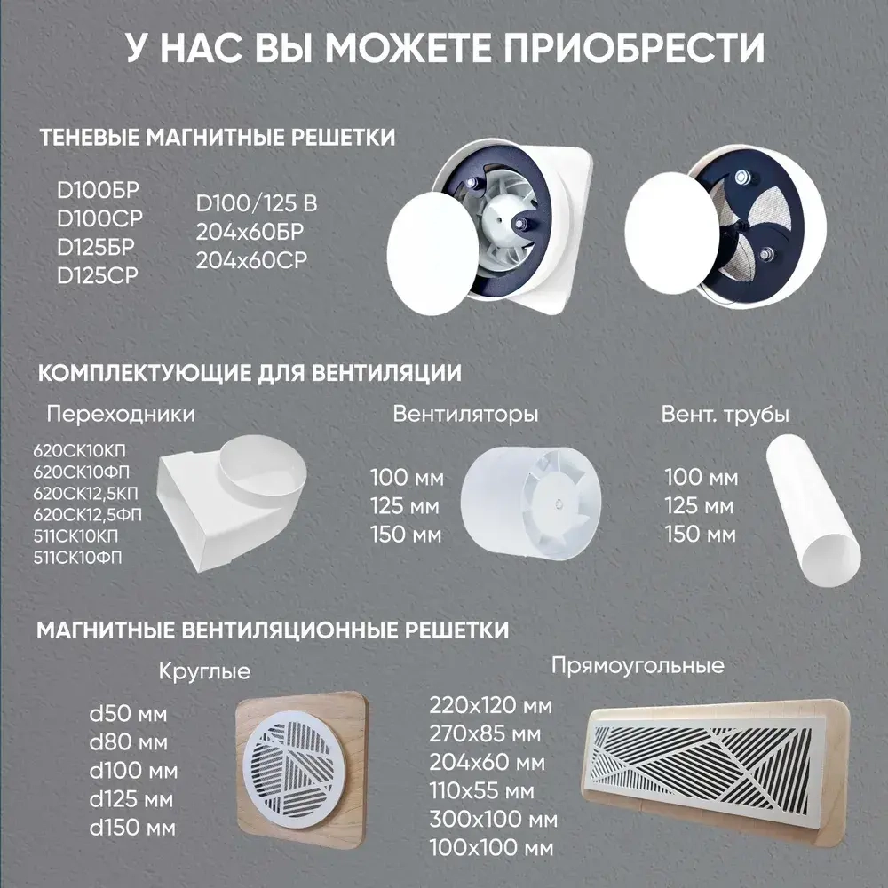 Решетка теневая магнитная вентиляционная с вентилятором 100/125 мм