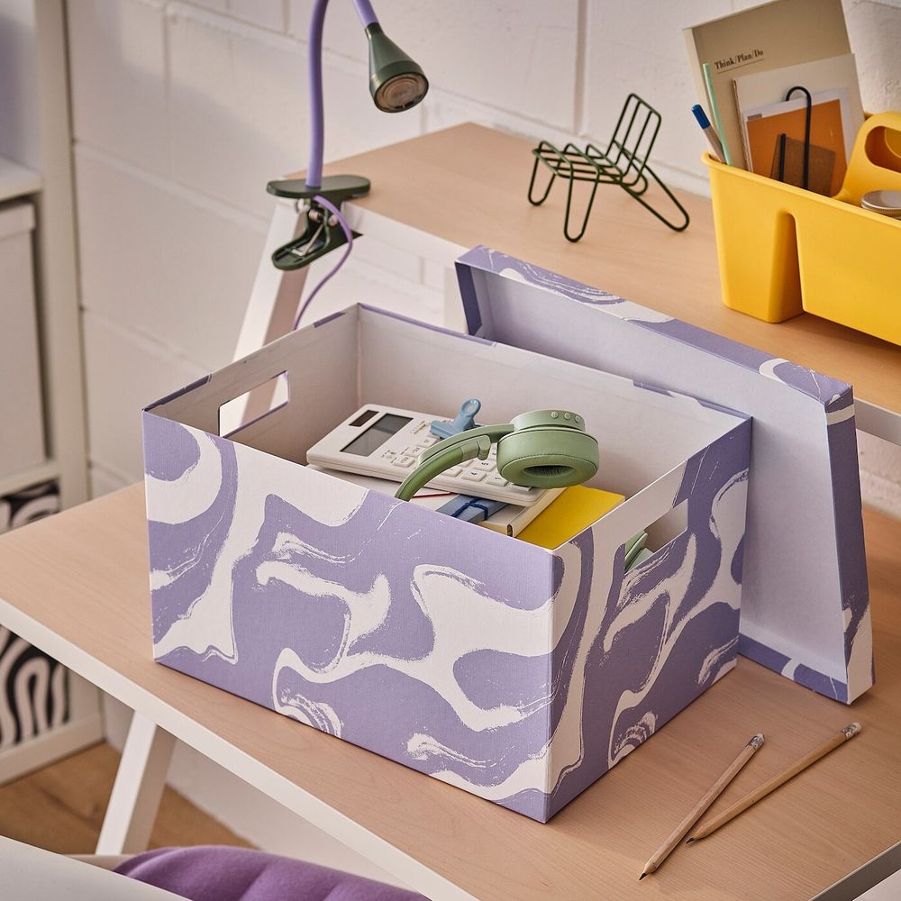 Коробка с крышкой IKEA TJENA (ТЬЕНА ), Сиреневый с рисунком, 25х35х20 см