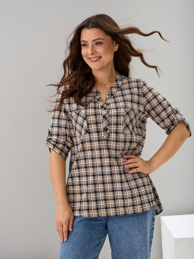 Блузка БЛ-131/клетка-бежевосиняя