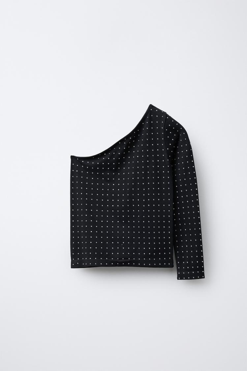 ZARA ФУТБОЛКА АСИММЕТРИЧНОГО КРОЯ БЕСШОВНАЯ СО СТРАЗАМИ, ЧЕРНЫЙ