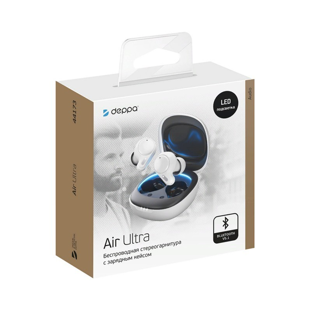 Bluetooth-гарнитура Deppa Air Ultra TWS BT 5.1 (D-44173) с зарядным устройством 500 мАч Белый