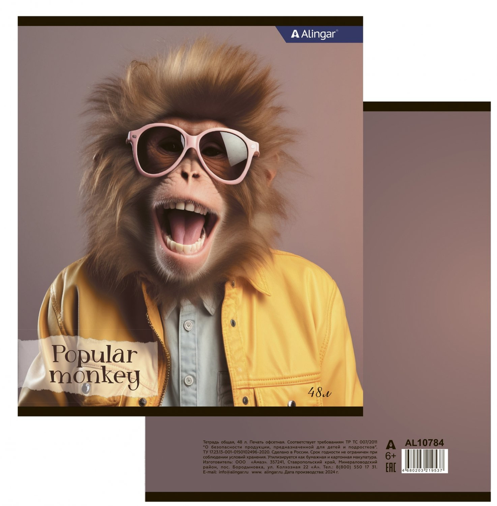 Тетрадь 48л., А5, клетка, Alingar "Funny monkey", скрепка, мелованный картон (стандарт), блок офсет, 4 дизайна в пленке т/у