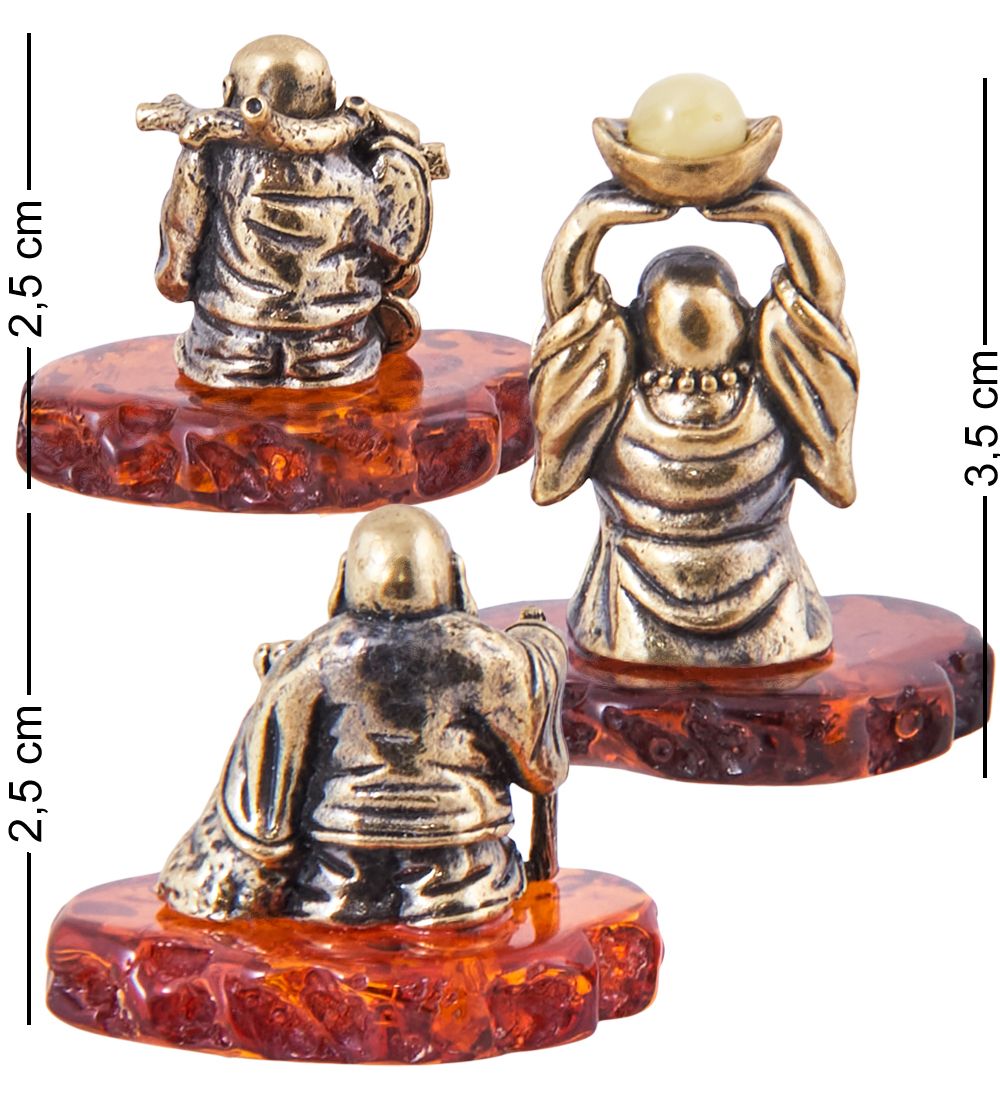 Народные промыслы AM-3819 Комплект фигурок «Хотей-Долголетие,Духовное развитие, Благополучие» (латунь, янтарь)