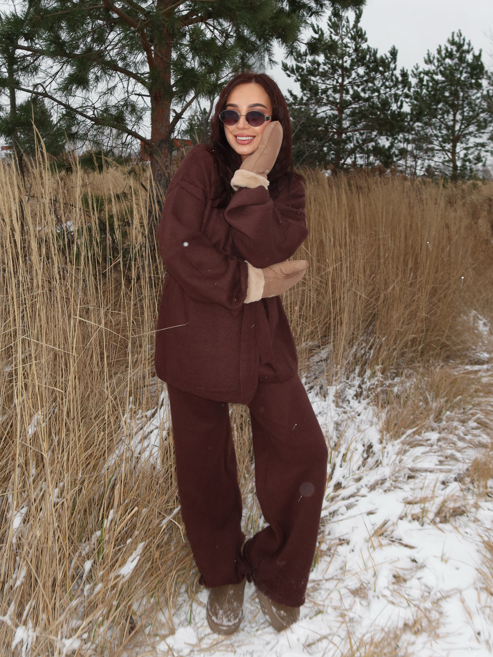 Комплект вязаный, кардиган с поясом и брюки