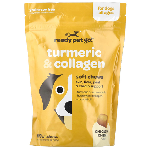 Ready Pet Go, Куркума и коллаген, для собак всех возрастов, со вкусом курицы и сыра, 90 мягких жевательных таблеток, 360 г, (12,7 унции)