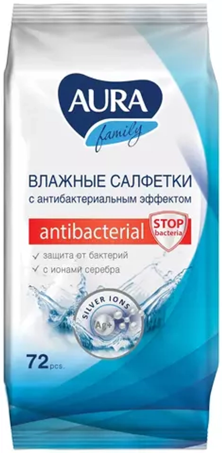 Влажные салфетки Aura Family антибактериальные с ионами серебра, 72 шт.