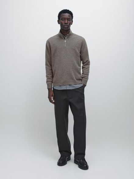 Massimo Dutti Свитер с воротником-стойкой и застежкой-молнией, темный хаки