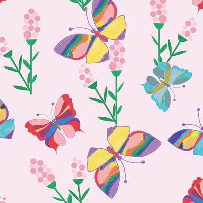 Розовые абстрактные цветы и разноцветные бабочки