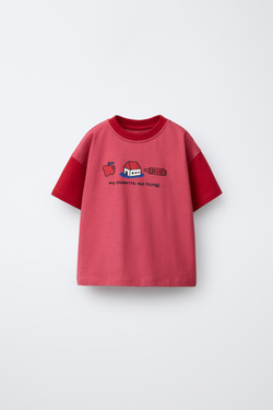 ZARA ФУТБОЛКА С КОНТРАСТНЫМИ РУКАВАМИ И ПРИНТОМ, КРАСНЫЙ