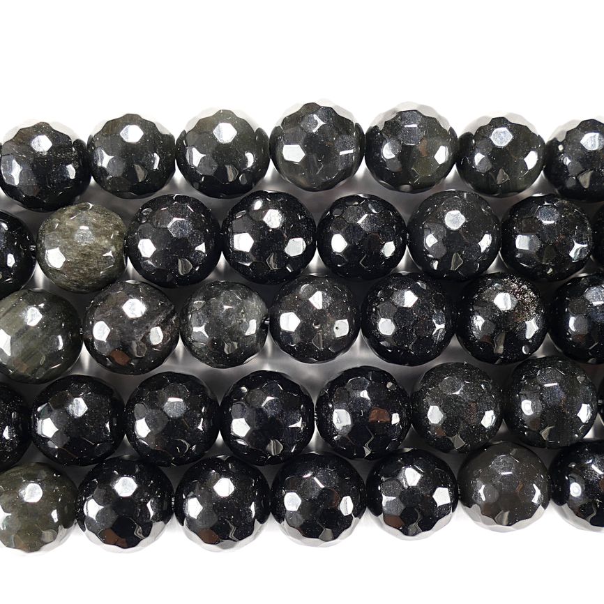 Нить бусин из обсидиана черного, фигурные, 12 мм (шар, граненые)