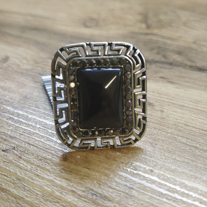 Кольцо разъемное Агат с марказитами в металле, форма прямоугольник, 29x33 мм