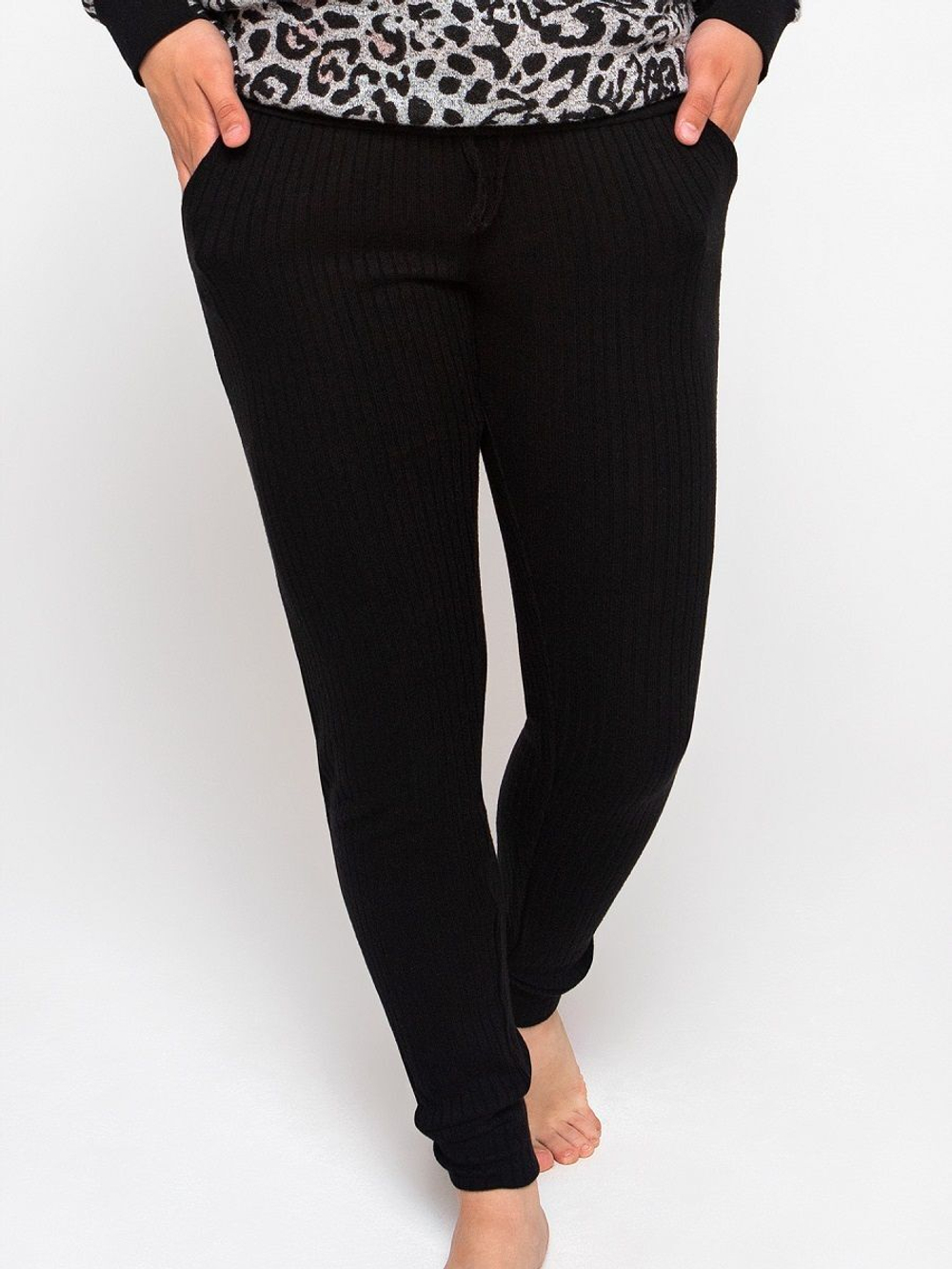 Домашние брюки из вискозной ткани в рубчик (Размер: L) (Цвет: черный)