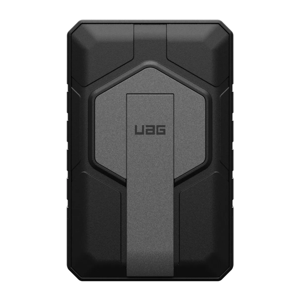 Внешний аккумулятор MagSafe с подставкой UAG Rugged 10K (10000 мА·ч) Беспроводная зарядка: Qi 10 Вт. Проводная зарядка: USB-C. Есть LED-индикация. Энергоёмкость — 38,5 Вт·ч. Максимальная выходная мощность — 20 Вт