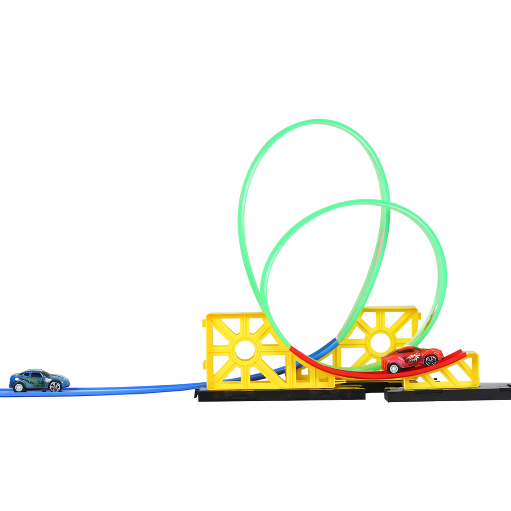 0404270/Трек со светом с пусковым устройством, 2 мертвые петли, трамплин и "хваталка"+ 2 инерц. маш