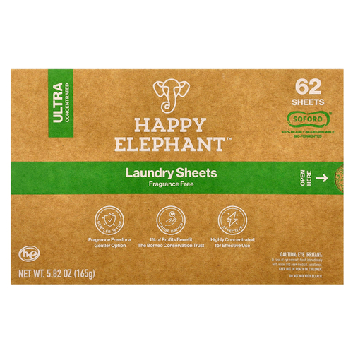 Happy Elephant, Белье для стирки, без отдушек, 62 листа, 165 г (5,82 унции)