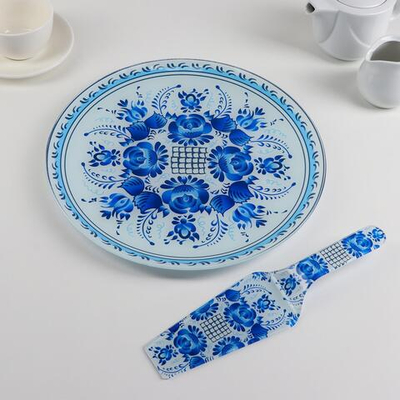 Тортовница стеклянная с лопаткой Доляна «Синева», d=30 см, лопатка 26,5×7 см