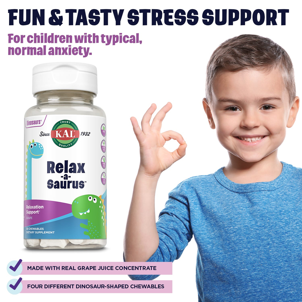 KAL, Dinosaurs®, Relax-a-Saurus™, добавка для расслабления, виноградный вкус, 30 жевательных таблеток