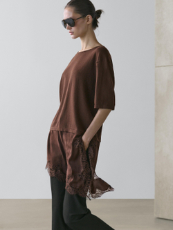 Massimo Dutti Платье с контрастной отделкой кружевом, коричневый