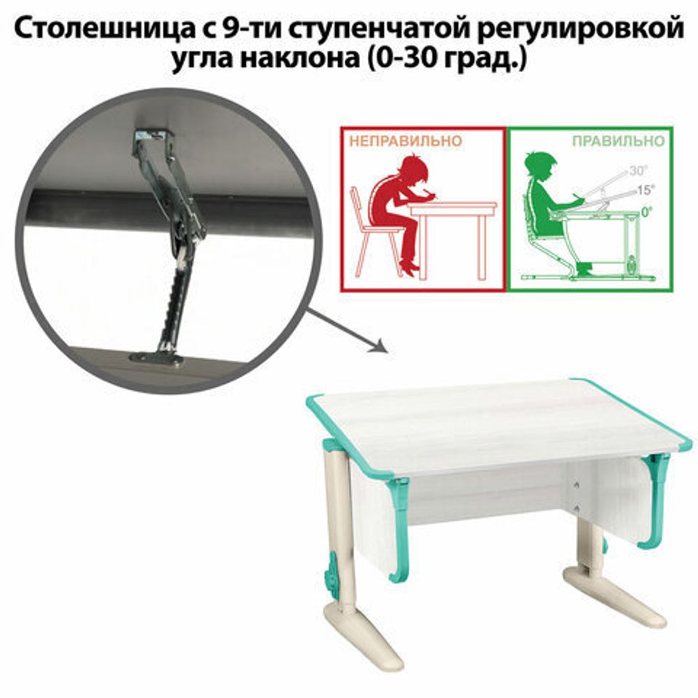 Стол-парта регулируемый "ДЭМИ" СУТ.43, 1000х550х530-815 мм, бежевый каркас, пластик аквамарин, рамух белый (КОМПЛЕКТ)