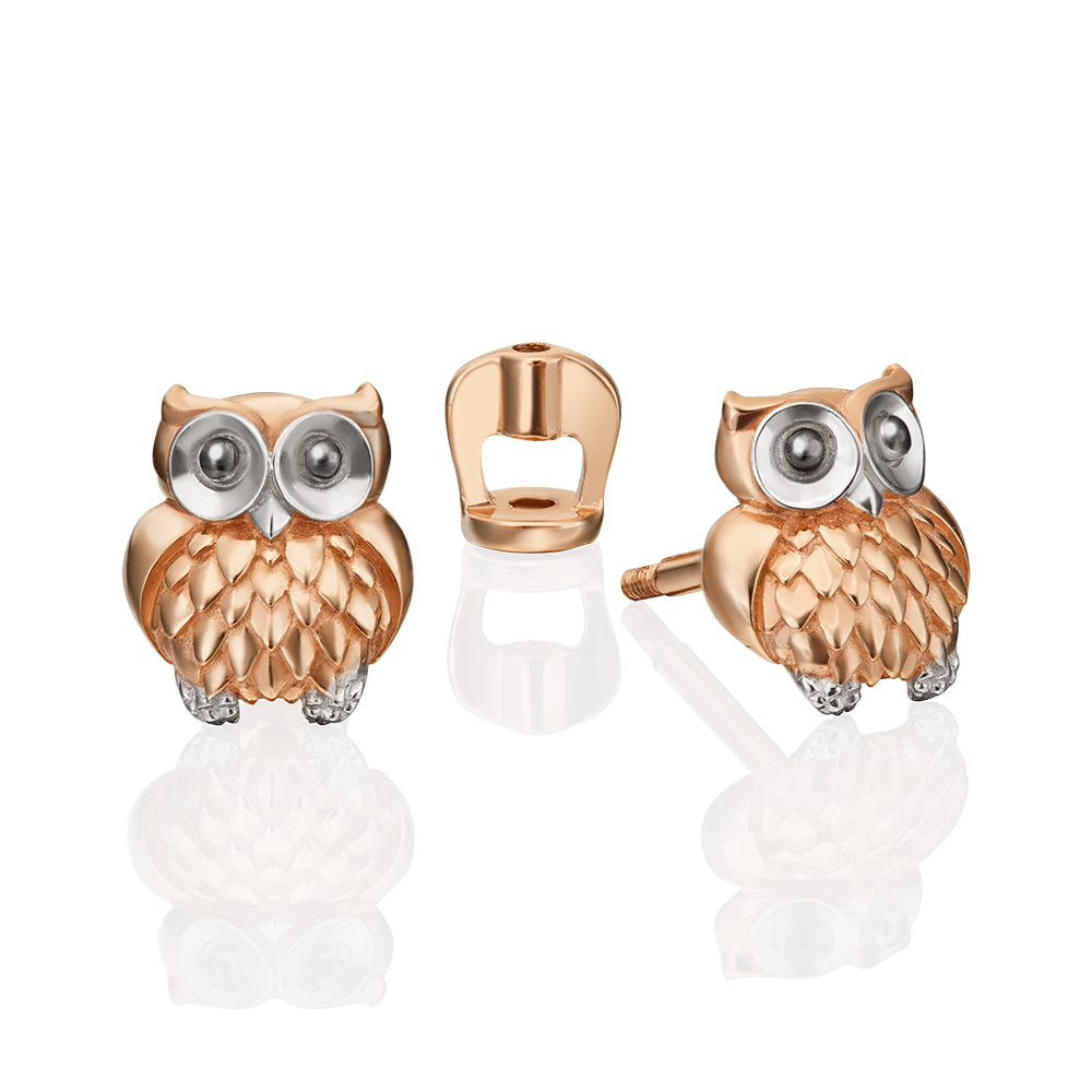 Серьги-пусеты «Совы» из красного золота