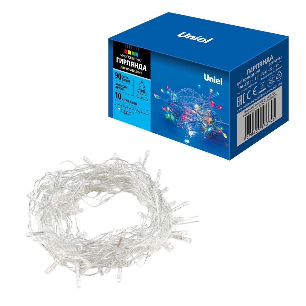 ULD-S1000-090-STA MULTI IP20 Гирлянда светодиодная. 10м. 90 светодиодов. Разноцветный свет. Провод прозрачный. ТМ Uniel