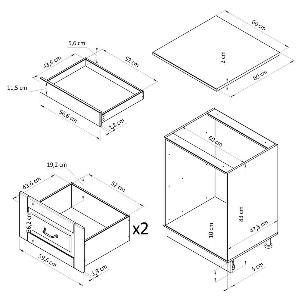 Кухонный модуль 60 см Венесуэла с 3 ящиками, из массива сосны в лаке, со столешницей