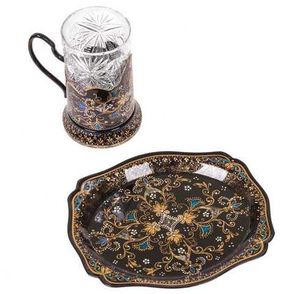 Set of 1 tea glass holder with zhostovo metal tray 20х17 cm орнаментальный SET18122022015