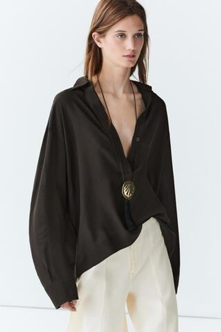 Massimo Dutti Рубашка с драпированными пуговицами, шоколадно-коричневый