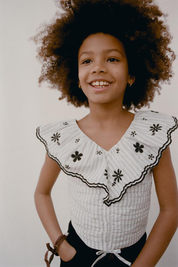 ZARA ТОП В ПОЛОСКУ С ВЫШИВКОЙ, ЧЕРНЫЙ/ЭКРЮ