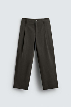 ZARA БРЮКИ СО СКЛАДКАМИ ИЗ ХЛОПКА И ВИСКОЗЫ, ТЕМНЫЙ ХАКИ