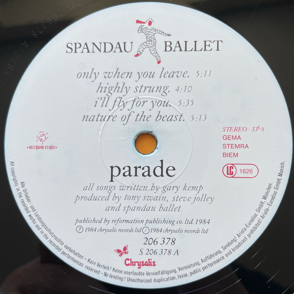 Винтажная виниловая пластинка LP Spandau Ballet Parade (Германия 1984)