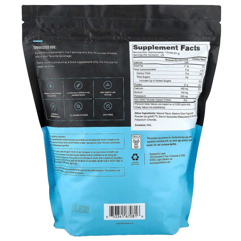 Legion Athletics, Casein +, казеиновый протеиновый порошок, французская ваниль, 960 г (2,11 фунта)